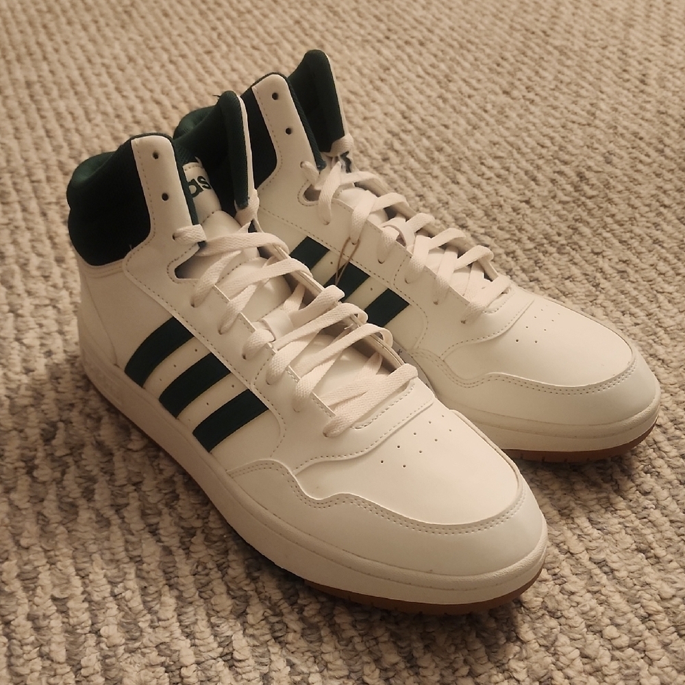 Adidas Men's White and Dark Green Hoops 3.0 Mid Classic Size 12